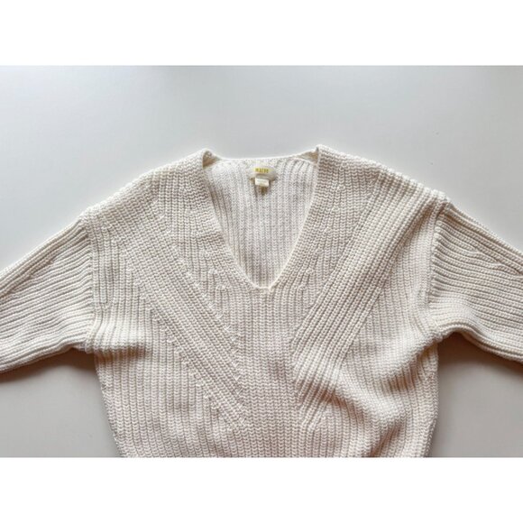 MAEVE Ivory Cotton Acrylic Ribbed Knit Sculptured V-Neck Sweater, Size M - Picture 7 of 13
